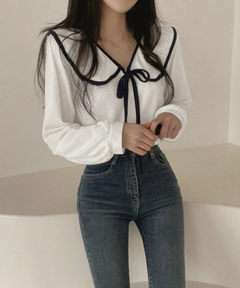 ビッグ襟ブラウス リボンタイブラウス長袖 レディース バイカラーシャツブラウス フレンチガーリー 大きめ襟トップス ゆったり韓国ファッション  着やせ 体型カバー 84WANJIA-022